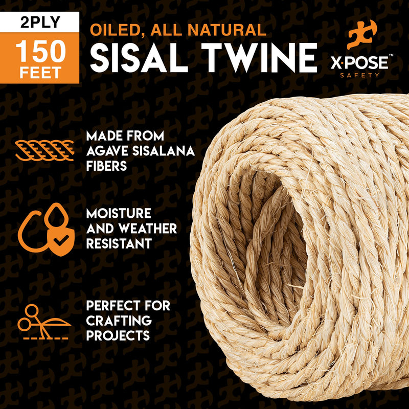 Sisal Twine - Thin Natural Fiber Rope on Spool - Rope for Cat Scratching Post, Sisal Rope for Cat Scratcher, Cat Tree Replacement Parts, Pet Toy - Decorative Cordage for Crafts, Pole Wrap 2 Ply 150' 2 Ply 150ft 1 - BeesActive Australia