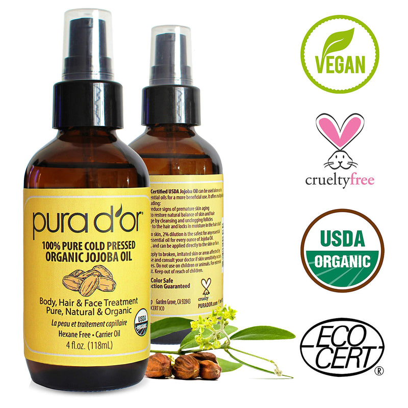 PURA D’OR Organic Golden Jojoba Oil (4oz / 118mL) USDA Certified Premium Grade 100% Pure Natural Moisturizer: Cold Pressed, Unrefined, Hexane-Free Base Carrier Oil for DIY Skin Care, Hair, Face & Nai - BeesActive Australia