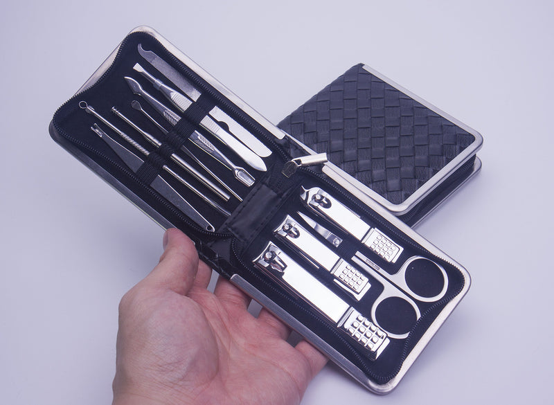 LETB Professional Stainless Steel Sliver Plating Nail Clippers Travel & Grooming Kit Nail Tools Manicure & Pedicure Set of 11pcs with Luxurious Black Color Woven Pattern Zipper Case for Men - BeesActive Australia
