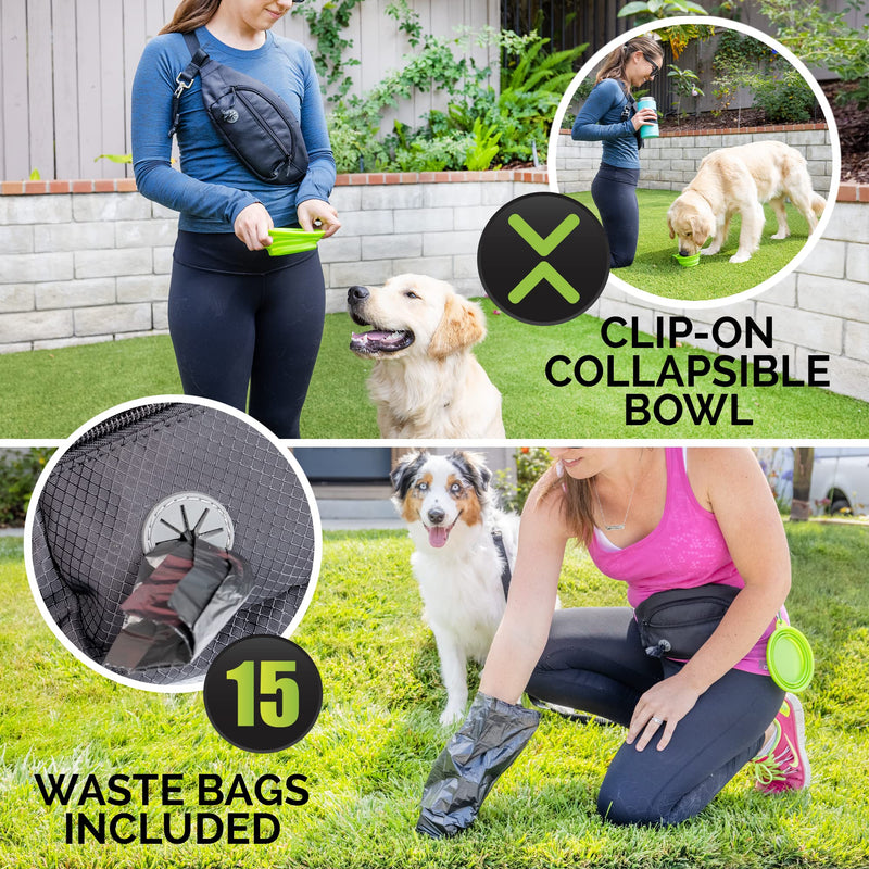 Hyper Pet Hands Free Dog Leash, Black Fanny Pack & Collapsible Dog Bowl (Use on Waist, Across Shoulder or Just as Dog Leash) Use on Small, Medium & Large Dogs for Training, Walking Jogging & Running - BeesActive Australia