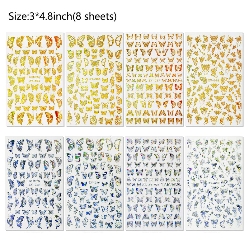 8 Sheets Butterfly Gold Sliver Nail Sticker and 30 Sheets Small Size Starry Nail Art Decal Sticker - BeesActive Australia