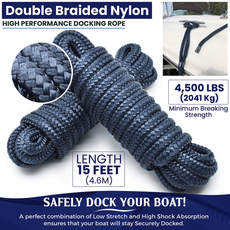 WAVESRX Premium Boat Dock Line ? x 15 (2 Pack) | Double Braided Nylon Marine Mooring Rope | Low Stretch and High Shock Absorption, 12 Spliced Eyelet + Storage Bag | Resist Oil, Sun and Saltwater 3/8"x15' (2PK) - BeesActive Australia