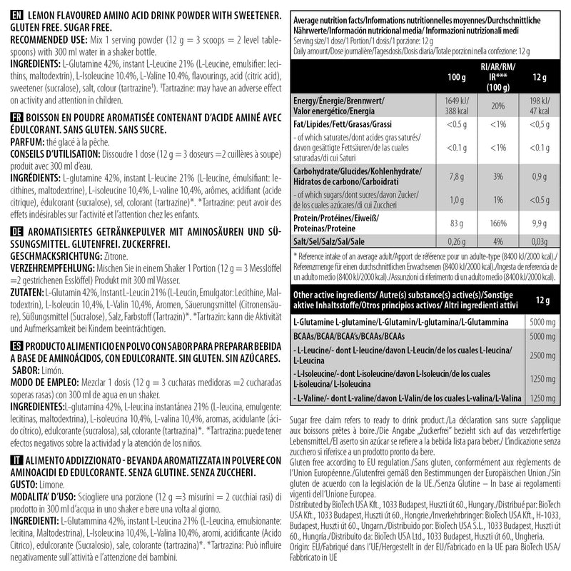 BioTechUSA BCAA + Glutamine Zero, Flavoured Drink Powder with BCAA and L-glutamine Content with sweeteners, 480 g, Lemon - BeesActive Australia