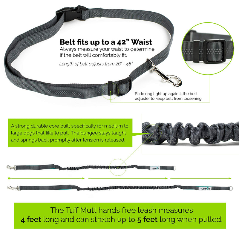 Tuff Mutt Hands Free Dog Leash for Running, Walking, Hiking, Durable Dual-Handle Bungee Leash is 4 Feet Long with Reflective Stitching, Adjustable Waist Belt That Fits 42 Inch Waist green/gray - BeesActive Australia