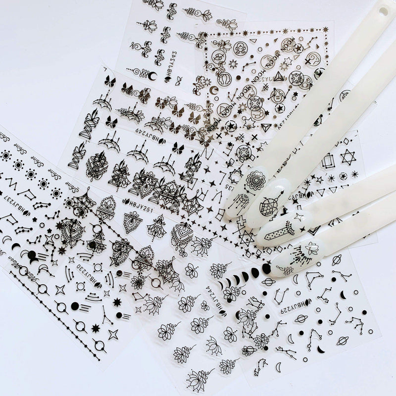 NAIL ANGEL 24 Sheets Nail Art Black Sticker Moon and Star Universal Flower Shapes Different Patterns Mix Sticker Sheets 10056 - BeesActive Australia