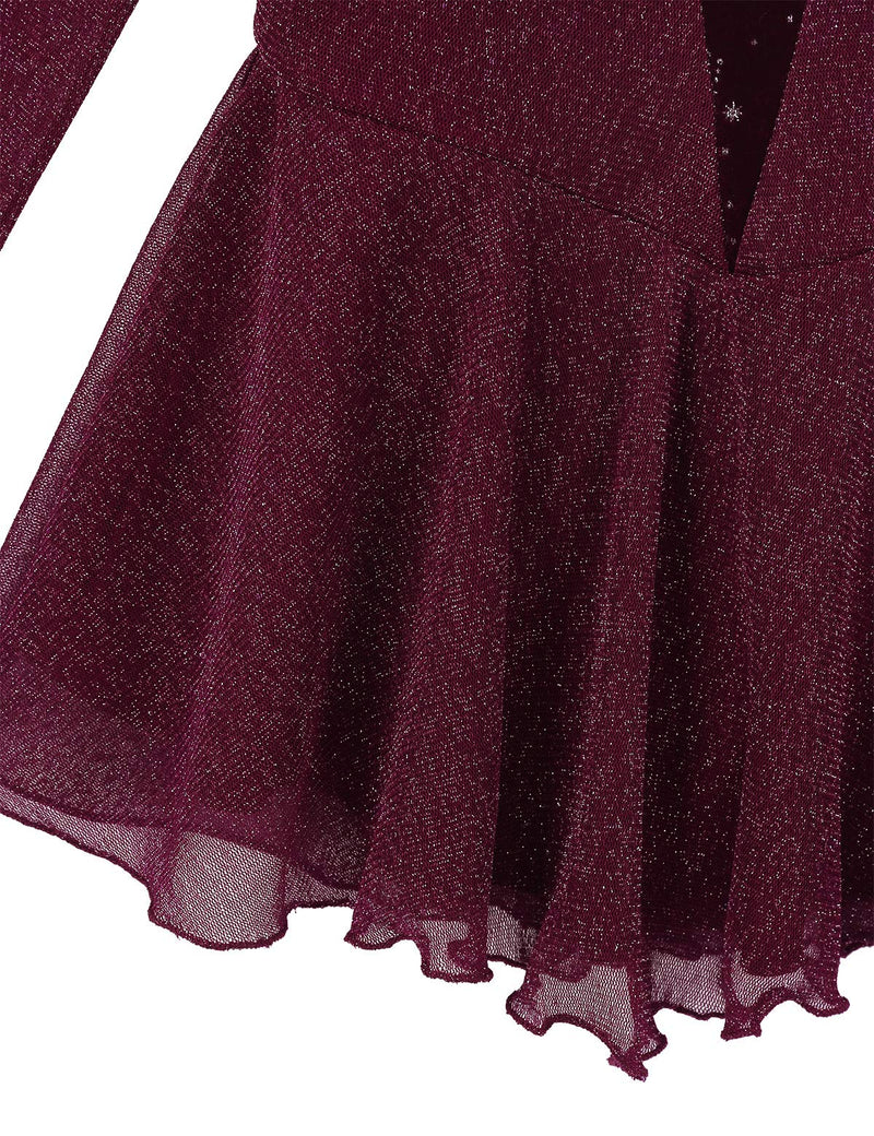 [AUSTRALIA] - YOOJIA Kids Girls Shiny Long Sleeves Splice Figure Ice Skating Leotard Dress Ballet Dance Gymnastics Activewear Burgundy 14 