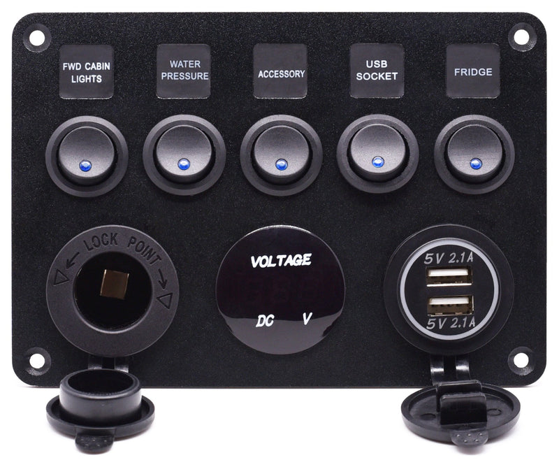 [AUSTRALIA] - Cllena Dual USB Socket Charger 2.1A&2.1A + LED Voltmeter + 12V Power Outlet + 5 Gang ON-Off Toggle Switch Multi-Functions Panel for Car Marine Boat RV Truck Camper Vehicles (Blue) 5 Gang Toggle Switch Panel-Blue 