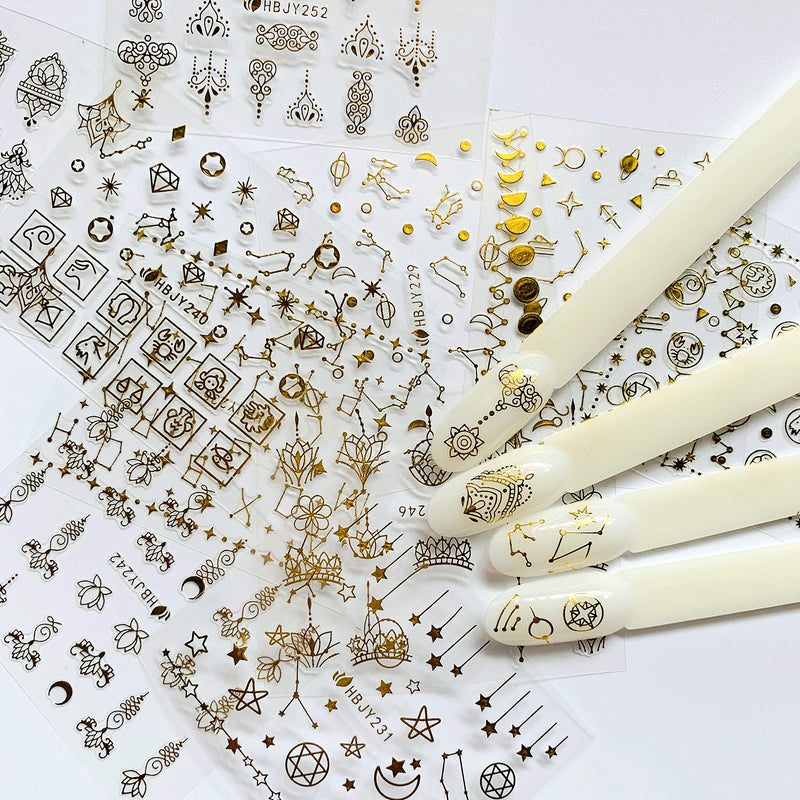 NAIL ANGEL 24 Sheets Nail Art Adhesive Gold Color Sticker Sheets Moon Star Universal Flower Shapes Sticker Sheets Nail Art Deco 10057 - BeesActive Australia