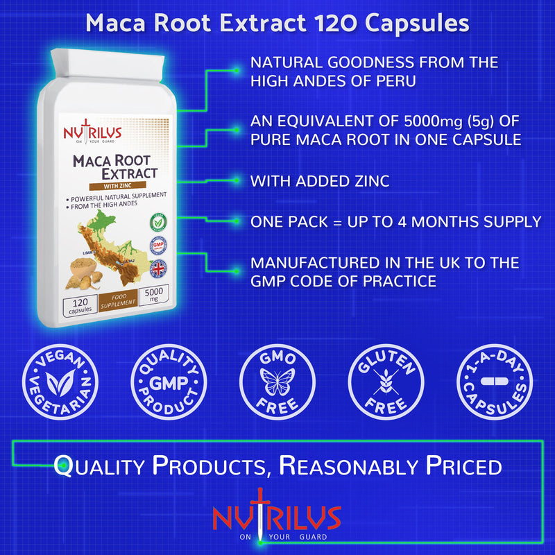 Maca Root Extract 120 Capsules 5000mg - with Zinc - High Strength Supplement - One Daily - Energy and Performance - for Men and Women - BeesActive Australia