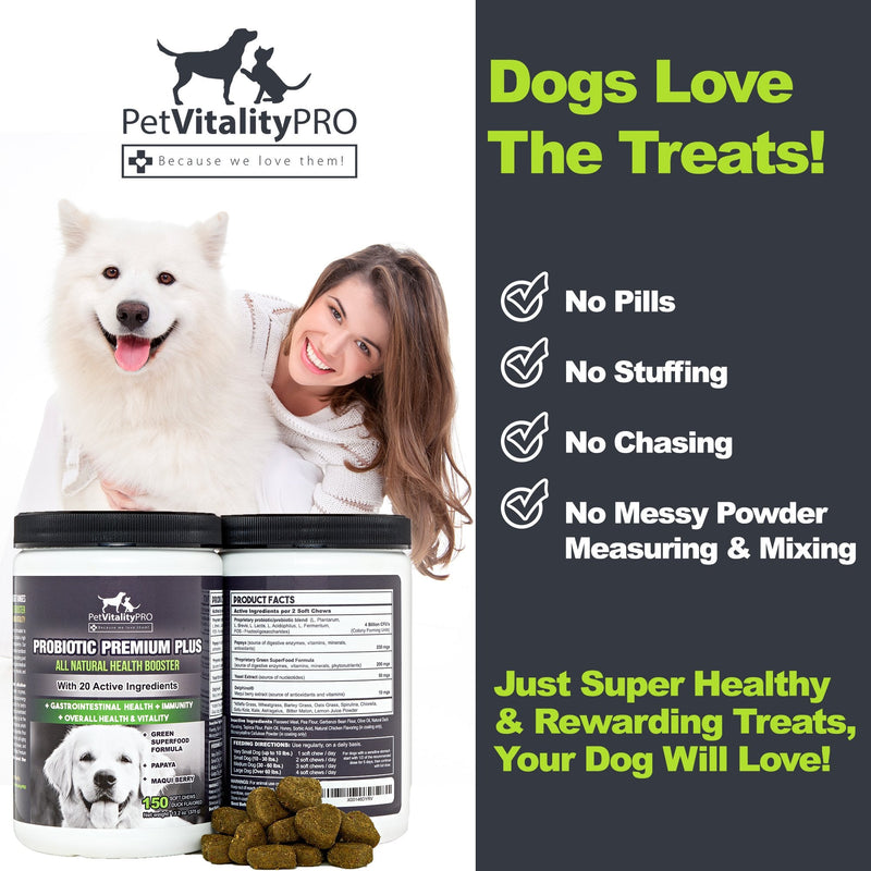 PetVitalityPRO Probiotics for Dogs with Natural Digestive Enzymes ● 4 Bill CFUs/2 Soft Chews ● Dog Diarrhea Upset Stomach Yeast Gas Bad Breath Immunity Allergies Skin Itching Hot Spots 150 - BeesActive Australia