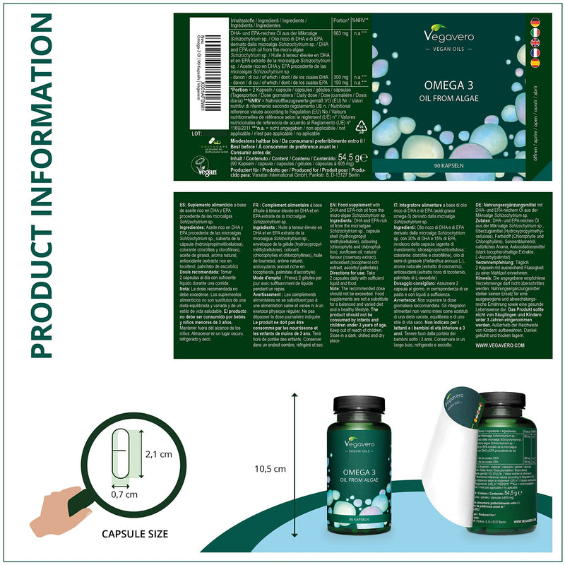 Vegan Omega 3 Vegavero� | Algae Oil with DHA & EPA | 90 Vegan Capsules (GreenCaps�) | NO Additives - BeesActive Australia