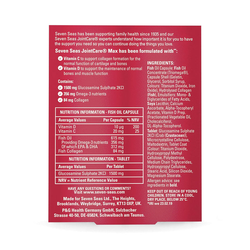 Seven Seas JointCare Supplements, Max, 356 mg Omega-3, Vitamin D & C, + Zinc, With Collagen & Glucosamine, EPA & DHA, 60 Capsules JointCare Max Single - BeesActive Australia