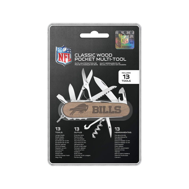 NFL Classic Wood Pocket Multi Tool - 13-Piece Stainless Steel Multi Purpose Tool Set - Foldable, Portable, Emergency Multi-Tool Set Buffalo Bills 5.25 Brown - BeesActive Australia