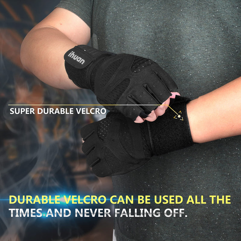 ihuan Ventilated Weight Lifting Gym Workout Gloves with Wrist Wrap Support for Men & Women, Full Palm Protection, for Weightlifting, Training, Fitness, Hanging, Pull ups Black Large - BeesActive Australia