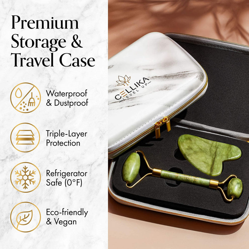 Xiuyan Jade Roller and Gua Sha Set with Shockproof Travel Case - Face Roller Skin Care Tool, Cellika Real Jade Roller for Face, Eyes, Neck & Body - Facial Roller Tutorial & Skincare Plan Included - BeesActive Australia