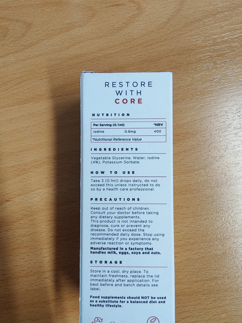 Iodine Liquid Drops - Vegan - High Strength 600mcg per Serving - 400 Servings - 240,000mcg per 60ml Dropper Bottle - Liquid Iodine Solution for Fast Absorption - Made in UK by Core Nutrition - BeesActive Australia