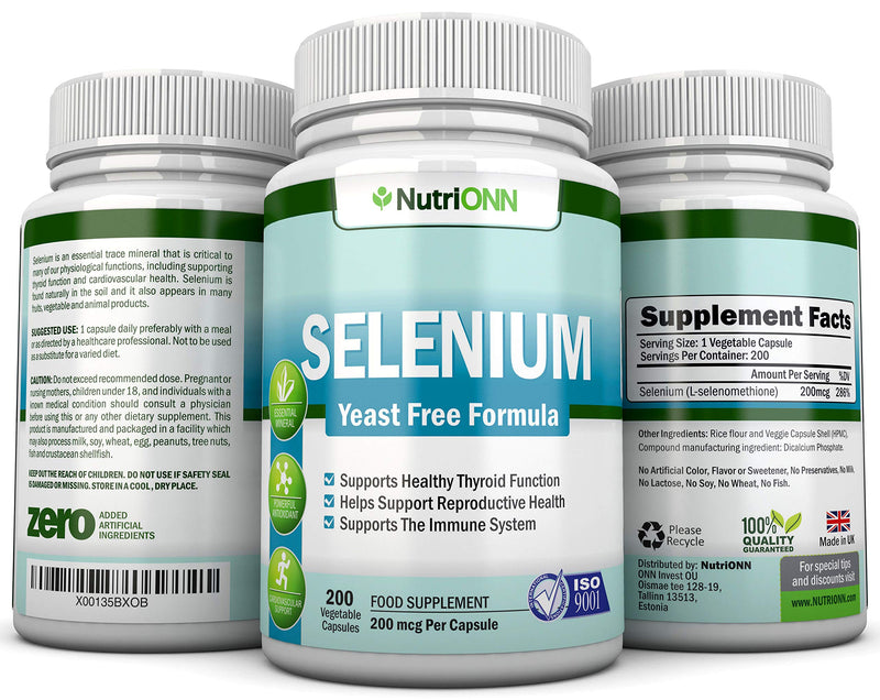 Selenium - 200mcg - 200 Vegetarian Capsules - Yeast Free Formula - Essential Trace Mineral - Pure Selenium (l-Selenomethionine) Supplement - Great for Hormones, Cardiovascular Health and Immune System - BeesActive Australia