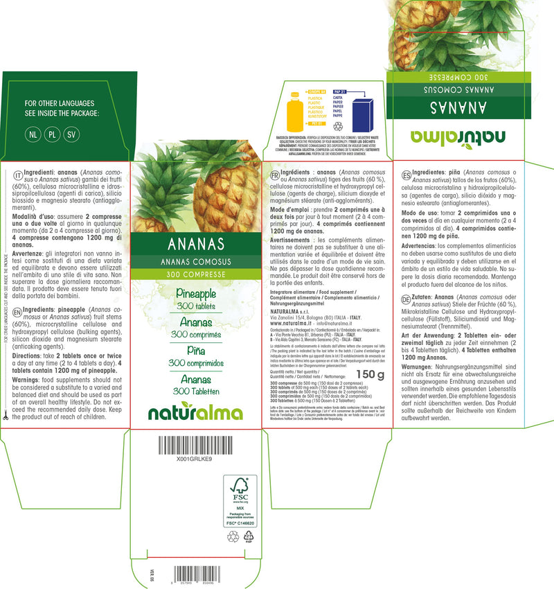 Pineapple (Ananas comosus or Ananas sativus) Fruit Stems NATURALMA | 150 g | 300 Tablets of 500 mg | Food Supplement | Natural and Vegan - BeesActive Australia