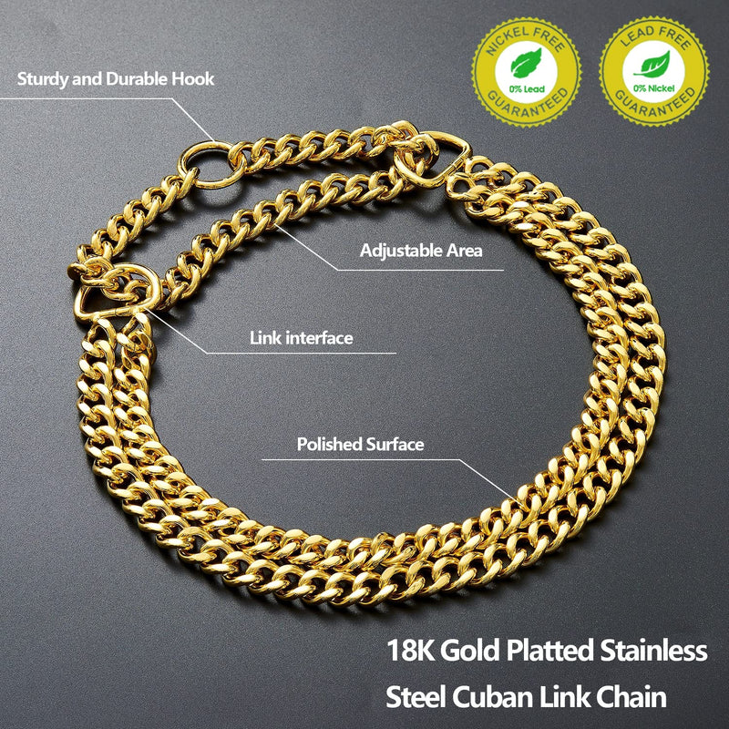 Gold Dog Chain Collar Stainless Steel 18K Gold Dog Collar Adjustable Walking, Metal Cuban Link Dog Collar Chew Proof Double Row Chain Dog Collar for Large Small Medium Dogs M 16" -20" - BeesActive Australia
