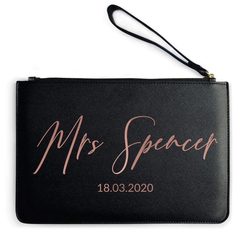 Personalised Mrs Clutch Bag Bride to Be - Wedding Gifts from Husband Custom Date - Make Up Accessories, Soft Grey One Size - BeesActive Australia