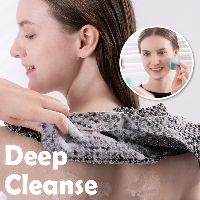 myHomeBody Extra Long Exfoliating Washcloth | Exfoliating Body Scrubber | Exfoliating Towel, Japanese Washcloth | 3D Texture Obsidian and Raisin Dots, Set of 2 with Silicone Facial Brush Obsidian and Raisin Dots, 2pcs - BeesActive Australia