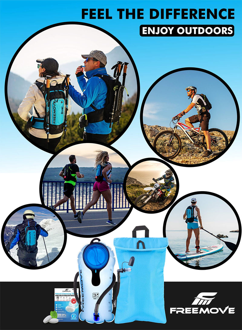 FREEMOVE Hydration Pack with 2L or 3L Water Bladder & Cooler Bag > Keeps Drink Cool & Protects Bladders > Camelback Water Reservoir for Hydration Backpack, Tasteless & BPA Free, Premium TPU Material with Quick Release Tube & Shutoff Valve 3L Blue - BeesActive Australia