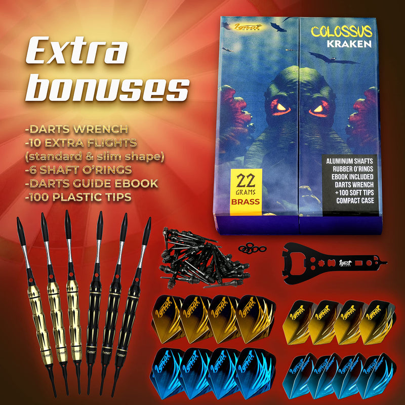 IgnatGames Plastic Tip Darts Set - Soft Tip Darts for Electronic Dart Board - Aluminum Shafts with O'rings, Extra Tips and Extra Flights + Dart Wrench + Innovative Case 22g Colossus Kraken - BeesActive Australia
