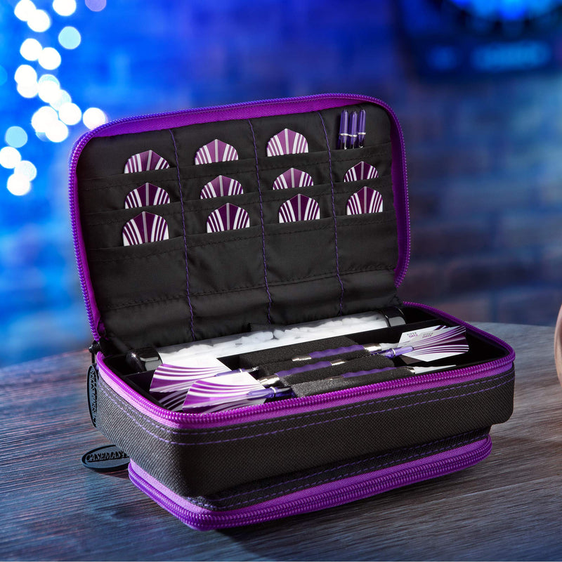 [AUSTRALIA] - Casemaster Plazma Plus, 3 Dart Case for Soft and Steel Tip Darts Features Large Front Mobile Device Pocket, Built-in Storage Tube and Pockets for Flights, Tips, Shafts, and Personal Items Amethyst Trim 