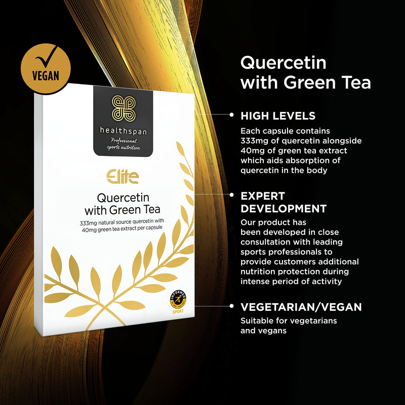 Healthspan Elite Quercetin 333mg with Green Tea | 90 Capsules | All Blacks Official Partner | 120 mg Green Tea to Aid Absorption | Additional Nutrition Protection | Informed Sport Accredited | Vegan - BeesActive Australia