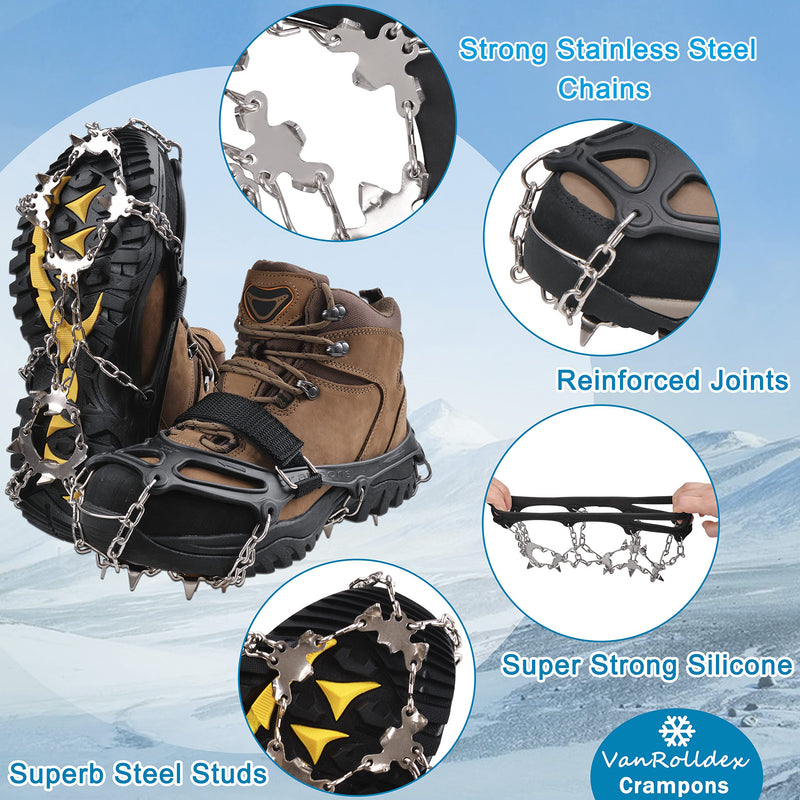 VanRolldex Ice Cleats for Boots Shoes Ice Snow Traction Cleats Anti-Slip 19 Spikes Stainless Steel Crampons Safe Protect Footwear for Men Women Hiking Climbing Mountaineering Walking Fishing Jogging 19 Spikes with Strap X-Large - BeesActive Australia