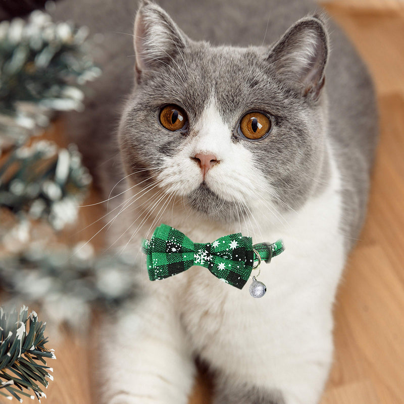 Pohshido 2 Pack Christmas Cat Collar with Bow Tie and Bell, Xmas Holiday Breakaway Buckle Safety Kitty Kitten Collar(Adjustable Size from 7.8-12.8 inch) Buffalo Snowflake - BeesActive Australia