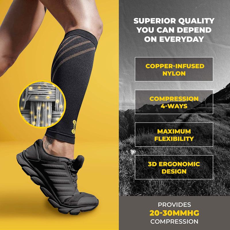 CopperJoint Calf Compression Sleeves for Men & Women - Leg Sleeve and Shin Splints Support - Ideal for Leg Cramp Relief, Varicose Veins, Running - 20-30mmHg Copper Infused Nylon Large Gold - BeesActive Australia