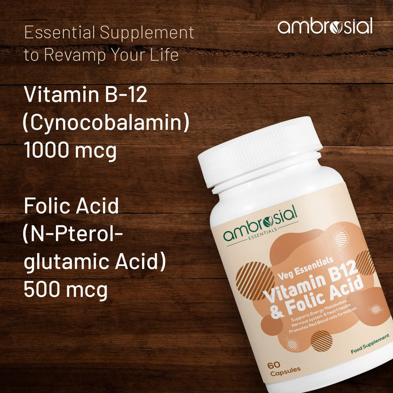 Ambrosial Vitamin B12 1000 mcg + 500 mcg Folic Acid | 1500 mcg | Folic Acid | Reduction of Tiredness & Fatigue | B12 Supplement | Immune System, Energy & Brain Support (Pack of 1-60 Capsules) 60 Count (Pack of 1) - BeesActive Australia