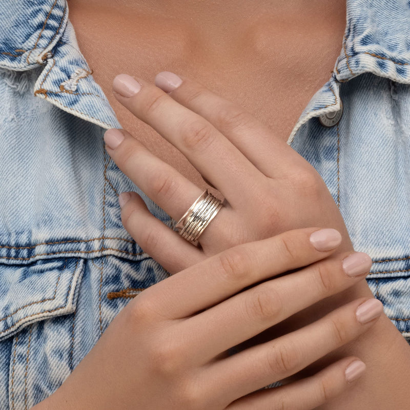 925 Sterling Silver Rotating Spinner Band Ring Wrapped With 5 Black/Silver Hammered Spinner Rings, Stylish, Hypoallergenic, Nickel and Lead-free, Artisan Handcrafted Designer Collection, Made in Israel Hammered 5 Silver spinner ring 9 - BeesActive Australia
