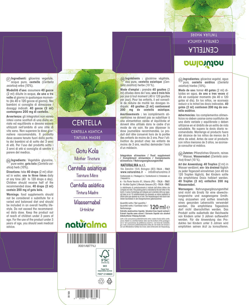 Gotu kola (Centella asiatica) herb Alcohol-Free Mother Tincture Naturalma | Liquid Extract Drops 120 ml | Food Supplement | Vegan - BeesActive Australia