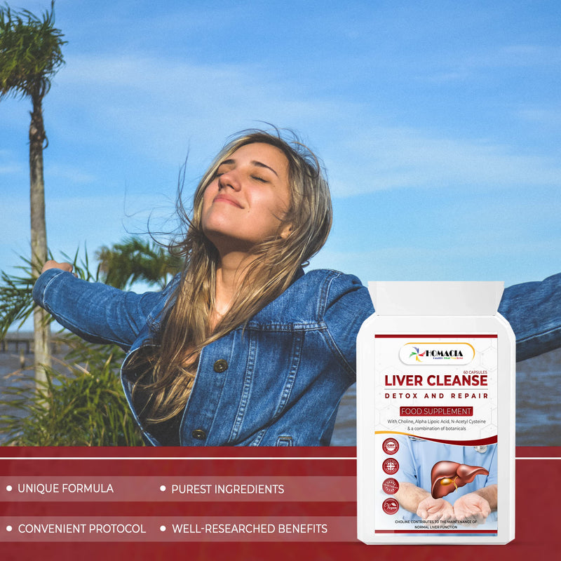 Homacia Liver Cleanse Detox and Repair Natural Supplement | Choline-Infused Natural & Vegan-Friendly | Liver Health for Women & Men | UK Made Detox Supplements - 60 Caps - BeesActive Australia