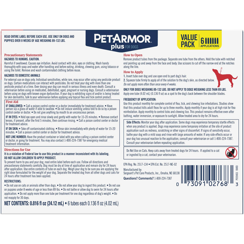 PetArmor Plus Flea & Tick Squeeze-On Dog 89-132 lbs. .11 LB - BeesActive Australia