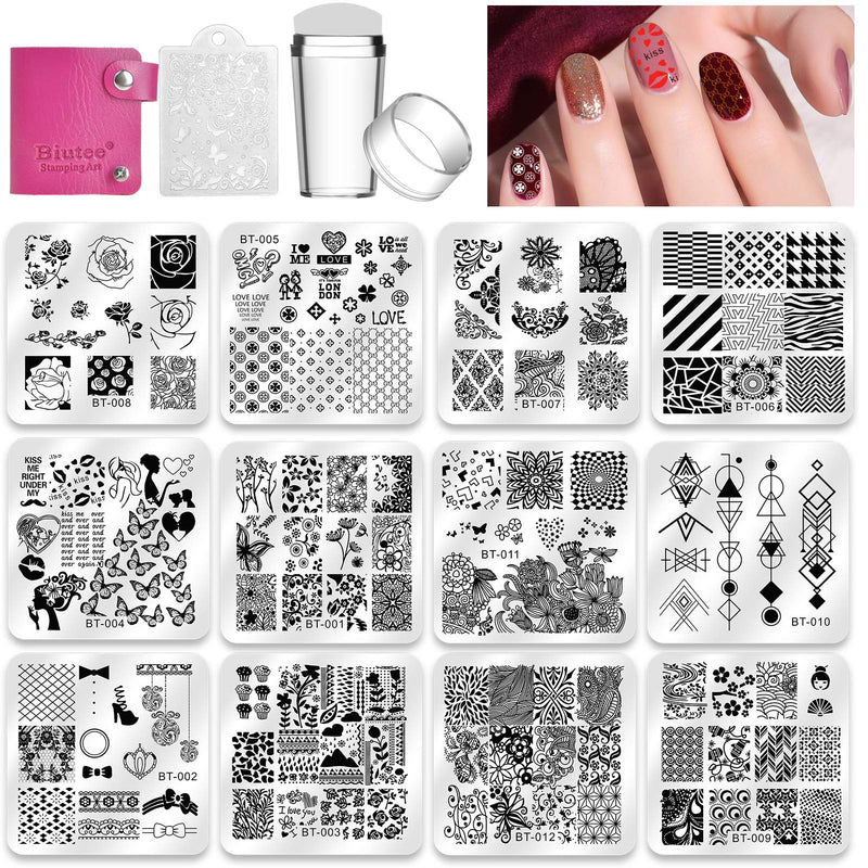 Biutee Nail Stamping Plates Set 8 Colors Nail Art Stamping Polish Gel 12Pcs Template Image Plates 1Pcs Storage Bag 1PCS Stamper with 1PCS Scraper Manicure Stencils Tools Maniology for Holiday Designer - BeesActive Australia