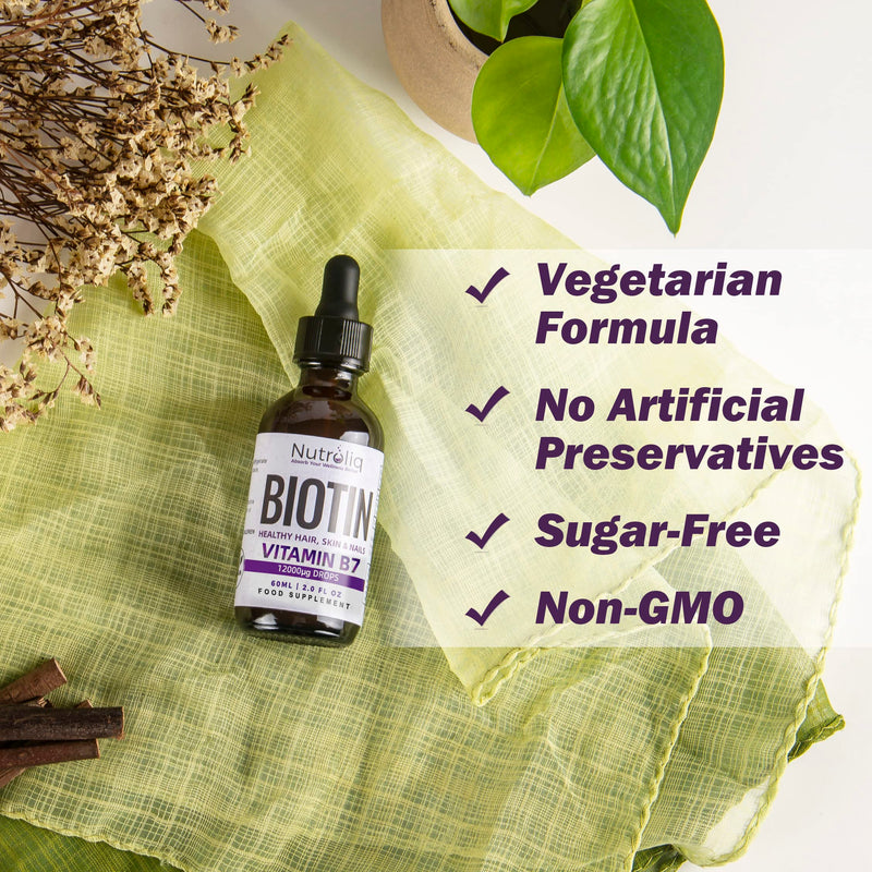 Nutroliq Biotin Liquid Drops - Vegan Vitamin B7 Dietary Supplement for Hair, Nail & Skin Health - Pure 12000mcg Biotin Drops for Hair Growth - Extra Strength Berry-Flavoured Vitamin H Serum - 60 ml - BeesActive Australia