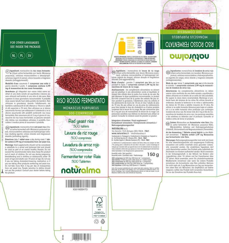 Red Yeast Rice (Oryza Sativa Fermented with Monascus purpureus Yeast) NATURALMA | 150 g | 300 Tablets of 500 mg | Food Supplement | Natural and Vegan - BeesActive Australia