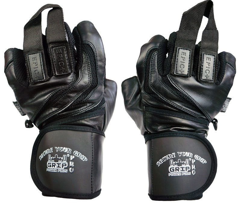 Epic Leather Gym Gloves with Built in 2" Wide Wrist Wraps Grip & Design for Weightlifting Power Lifting Bodybuilding & Strength Training Workout Exercises BLACK Medium 7 5/8" - 8" - BeesActive Australia