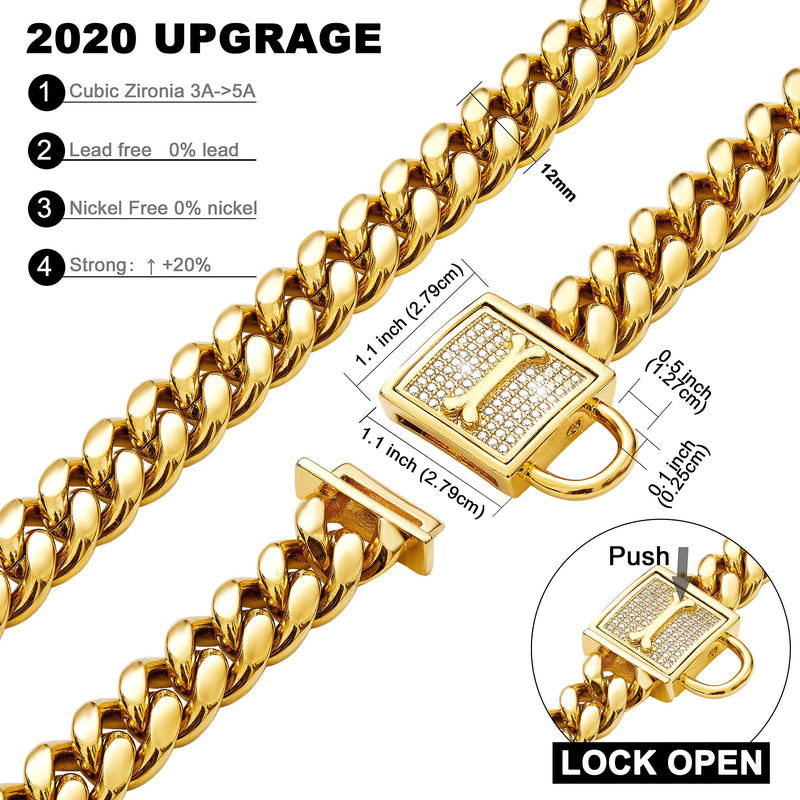 PRADOG Chain Dog Collar with Zirconia Locking 12mm 18K Gold Cuban Link Chain Metal Stainless Steel Dog Walking Puppy Collar Luxury Dog Bling Necklace for XSmall, Small, Medium, and Large Dogs 16" (Fixs Neck 14" to 15.5") - BeesActive Australia