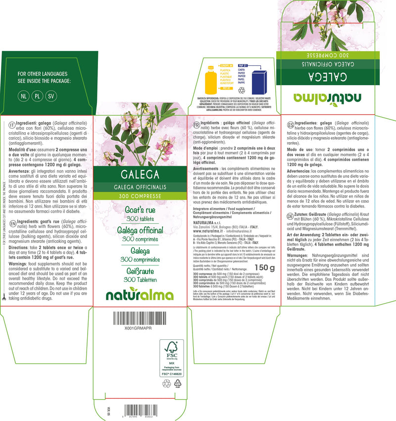Goat's rue (Galega officinalis) herb with Flowers NATURALMA | 150 g | 300 Tablets of 500 mg | Food Supplement | Natural and Vegan - BeesActive Australia
