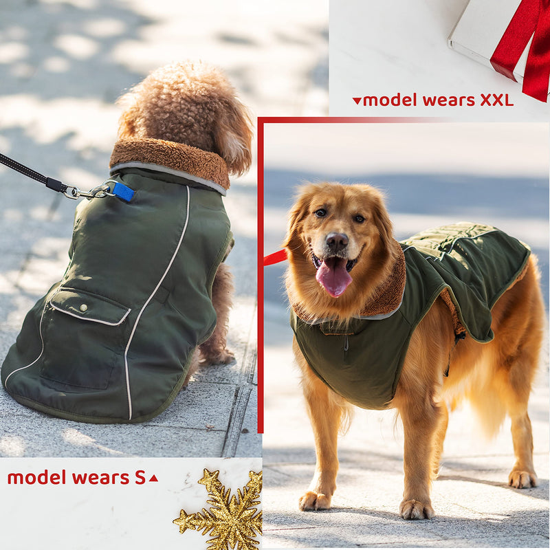 Dog Winter Coat - Warm Fleece Dog Clothes for Rain Snow Wind Cold Weather - Reflective Adjustable Cozy Waterproof Windproof Dog Vest Jacket with Leash Hole for Small Medium Large Dogs Indoor Outdoor L (chest:19"-28" neck:17.5") Green - BeesActive Australia