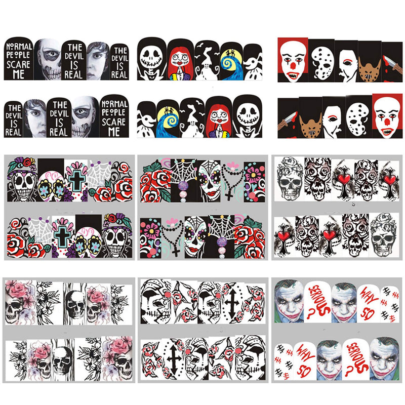 NAIL ANGEL 25 Sheets Nail Art Water Decals Water Transfer Sticker Halloween Skull Clown Different Pattern Decals for fingernail and toenail Manicure 10192 - BeesActive Australia