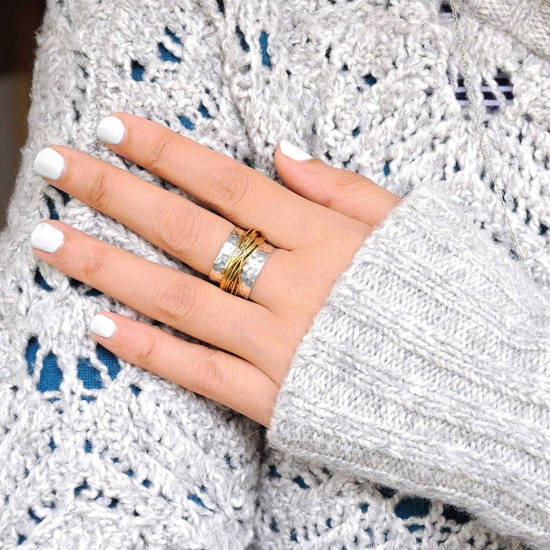 Boho-Magic 925 Sterling Silver Band Ring for Women with Brass Wrap Wide Statement Ring 10 - BeesActive Australia