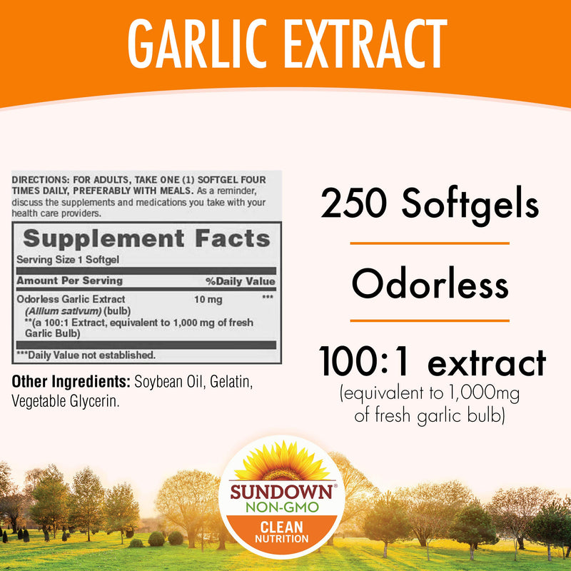 Sundown Garlic 1000 mg, 250 Odorless Softgels (Packaging May Vary) Non-GMOˆ, Free of Gluten, Dairy, Artificial Flavors - BeesActive Australia