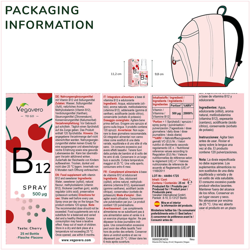 Vitamin B12 Spray Vegavero� | Vegan Methylcobalamin | 120 Days | Natural Cherry Flavour | 500�g per Spray | Liquid Travel Size - BeesActive Australia