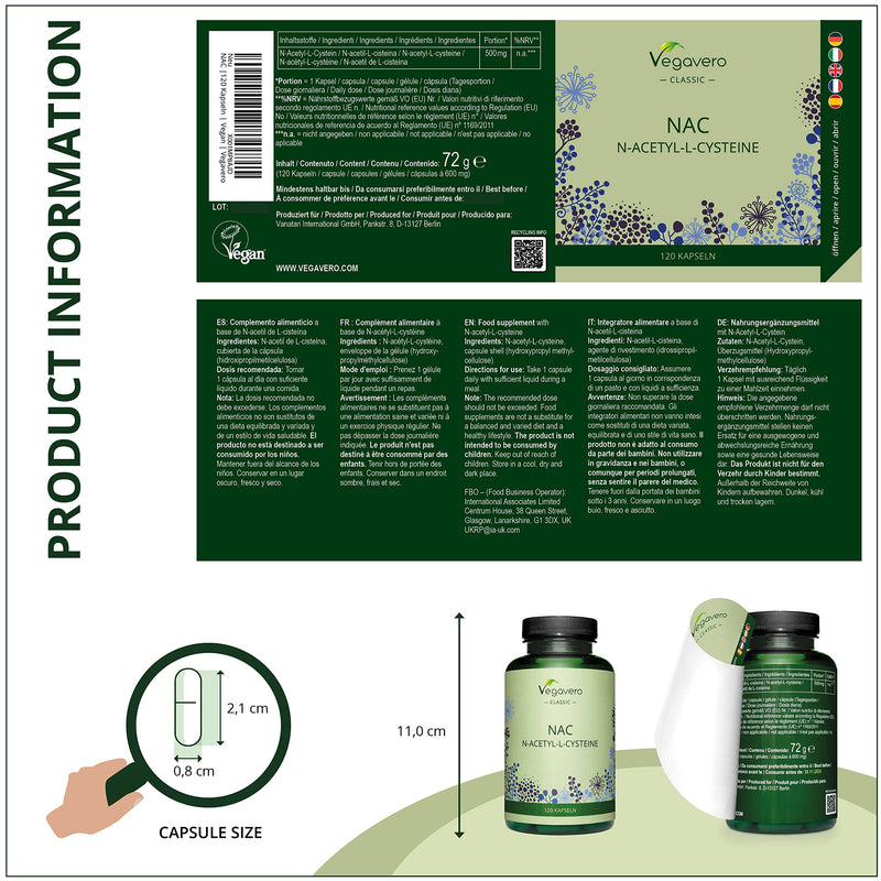 NAC Vegavero® | 100% Pure N-Acetyl-L-Cysteine 500 mg | Lab Tested & Without Additives | 120 Vegan Capsules - BeesActive Australia