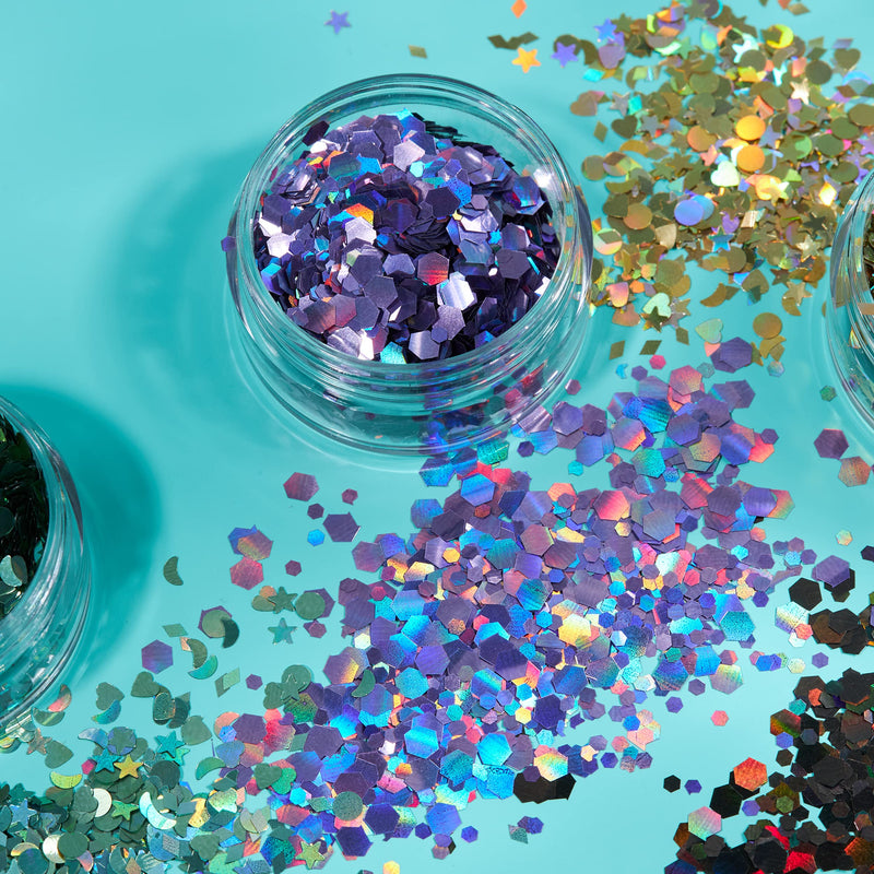 Holographic Glitter Shapes by Moon Glitter - Black - Cosmetic Festival Makeup Glitter for Face, Body, Nails, Hair, Lips - 3g - BeesActive Australia
